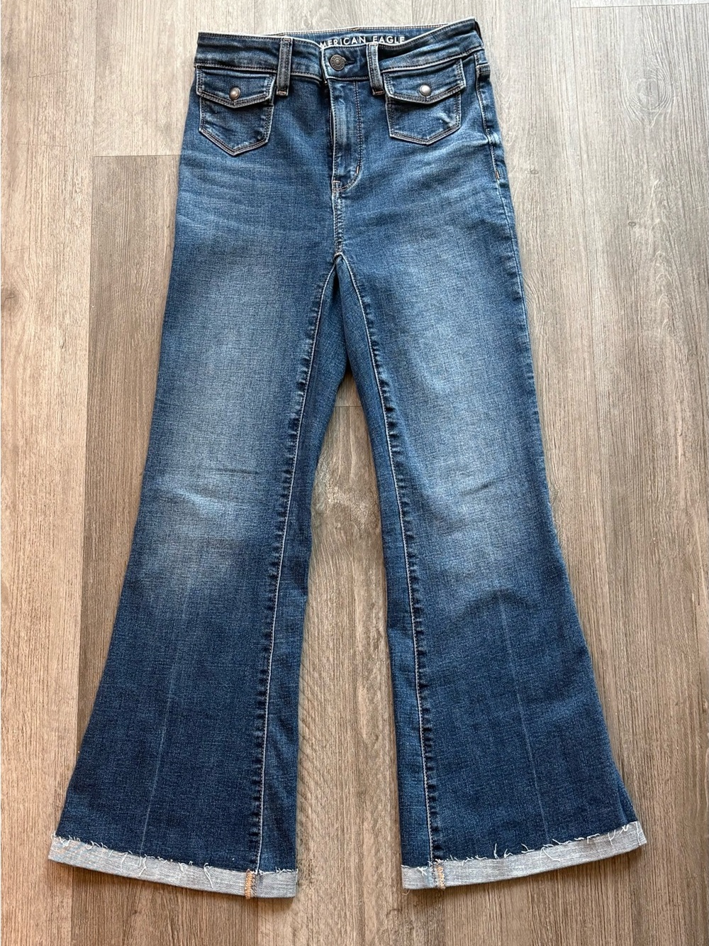 American Eagle Super High Rise Flare Jeans 00 Short Next Level Stretch